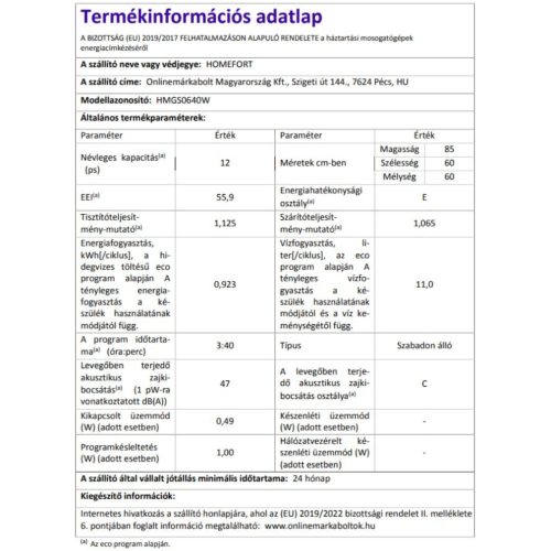 HOMEFORT HMGS0640W Szabadonálló mosogatógép 12 teríték, 11 L fogyasztás, 7 program,  47 db zajszint, E energiaosztály, Alsó evőeszköztartó kosár, 60 cm, Digit. kijelző
