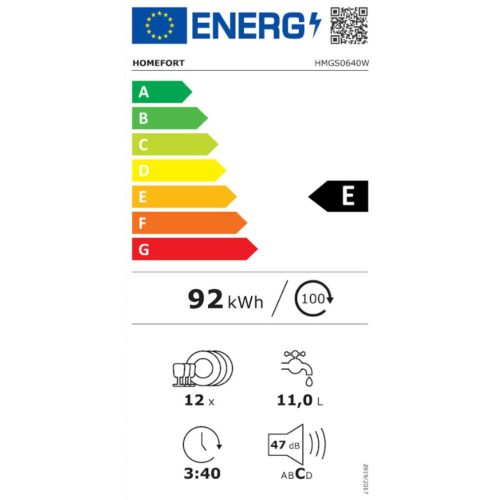 HOMEFORT HMGS0640W Szabadonálló mosogatógép 12 teríték, 11 L fogyasztás, 7 program,  47 db zajszint, E energiaosztály, Alsó evőeszköztartó kosár, 60 cm, Digit. kijelző