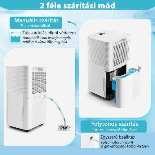 HOMEFORT HPMS12W Páramentesítő, 12 L/nap, Digitális kijelző, Gyerekzár, Időzítő, 2 L tartály, Telítettségjelző, Zajszint: 38 dB, Kivezethető cseppvíz