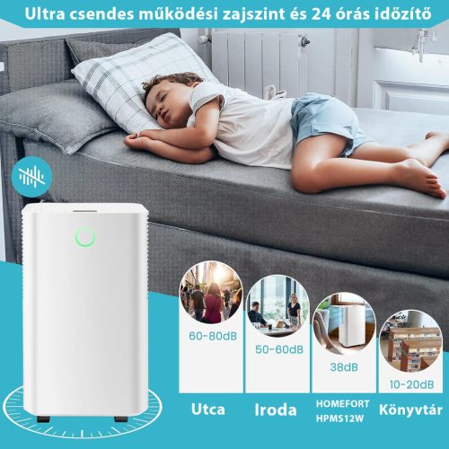 HOMEFORT HPMS12W Páramentesítő, 12 L/nap, Digitális kijelző, Gyerekzár, Időzítő, 2 L tartály, Telítettségjelző, Zajszint: 38 dB, Kivezethető cseppvíz