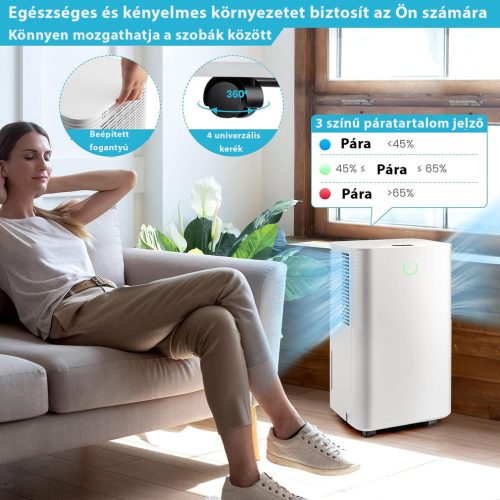 HOMEFORT HPMS12W Páramentesítő, 12 L/nap, Digitális kijelző, Gyerekzár, Időzítő, 2 L tartály, Telítettségjelző, Zajszint: 38 dB, Kivezethető cseppvíz