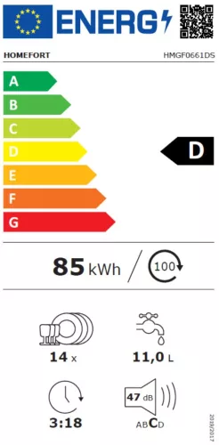 HOMEFORT HMGF0661DS Beépíthető mosogatógép, bútorlap nélkül, 14 teríték, 10.5 L fogyasztás, 7 program,  47 dB zajszint, D energiaosztály, Felső evőeszköztartó, 60 cm,  Digit. kijelző,