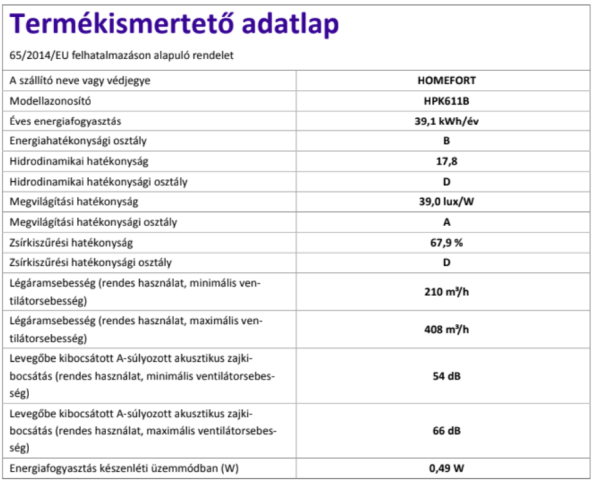 homefort páraelszívó termékadatlap